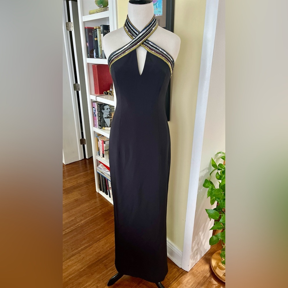 ESCADA Dress Formal Gown Black Sequin Stripe Trim Twist Halter Neck SZ 34/4 - Picture 2 of 16